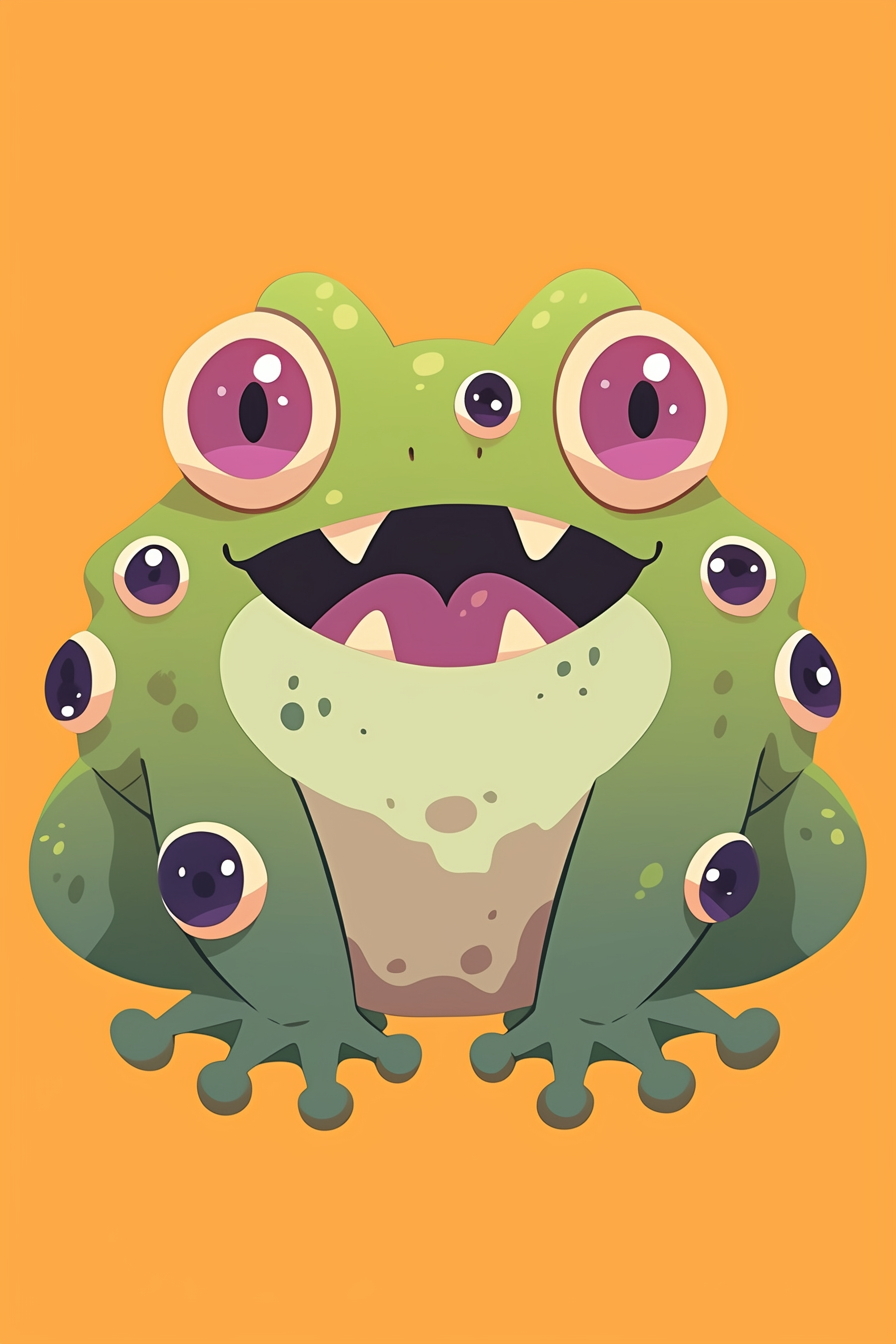 halloween frog drawing ideas 2 showcasing a cute monster frog with multiple big eyes and a wide mouth on a simple background.